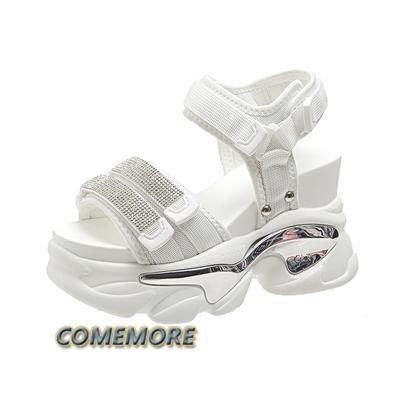 Женские летние туфли с открытым носком на платформе и танкетке, босоножки на липучках 2024, женская спортивная повседневная обувь, пляжные босоножки со стразами, женские