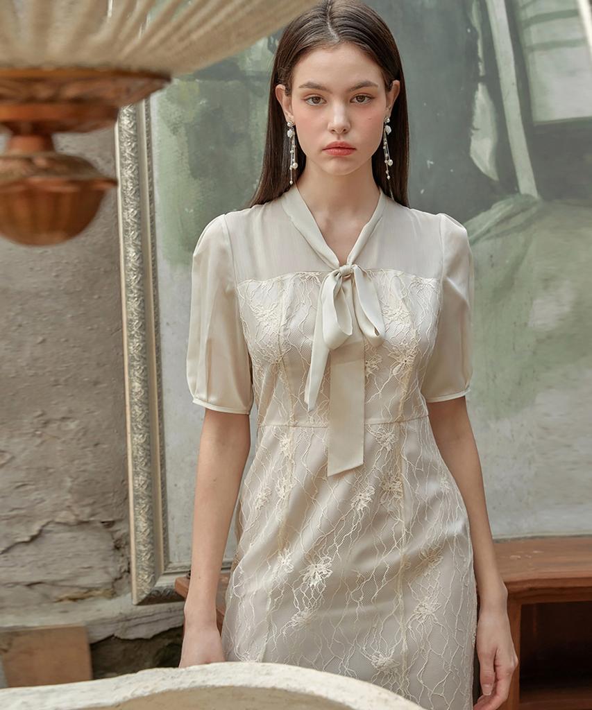 Julie And Kara 24Ss Collar 91 Secret Garden Ivy Ribbon Tie Lace Dress Beige