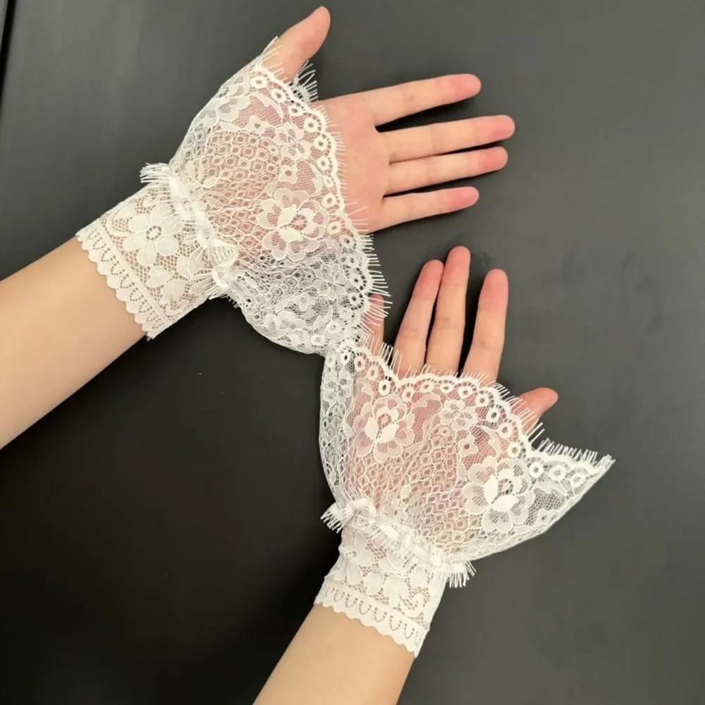 1 Pair Lace Ruffles Fake Cuffs Multi Layer Pleated Flare False Gloves Floral Pattern White Black Elbow Sleeve Cuff