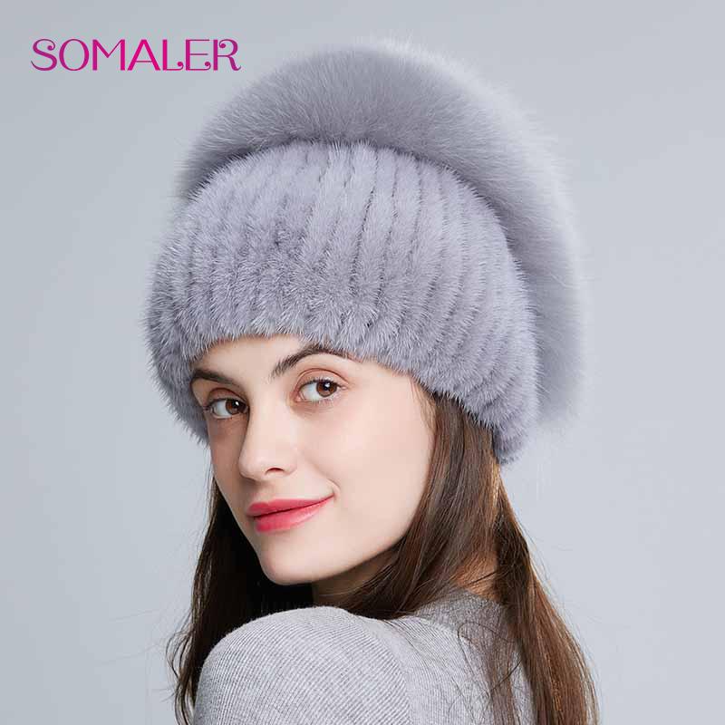 SOMALER Зимние шапки из натурального норкового меха для женщин, вязаная меховая шапка с узором розы, шерстяная подкладка, зимние шапки