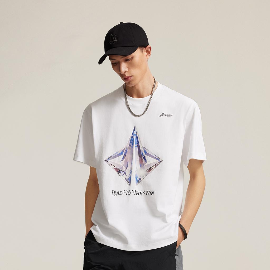 Li Ning Дышащая Универсальная Футболка с Принтом Букв с Круглым Вырезом и Коротким Рукавом Мужские Топы Белый AHSV405-3