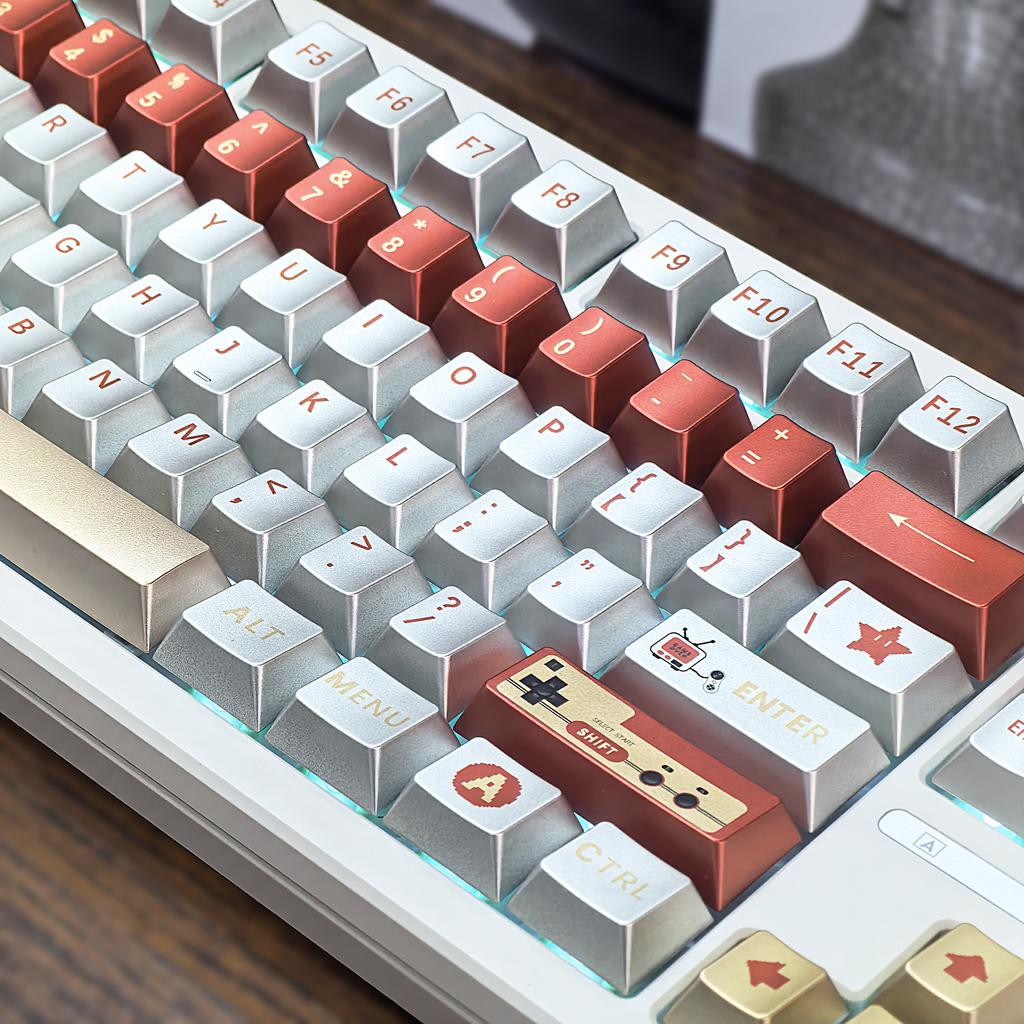 Keycap Retro Silver Machine Imitation Metal Texture Metal Pearl Game Console Cherry Pbt Red White Keycap For Aula F75 115 Keys