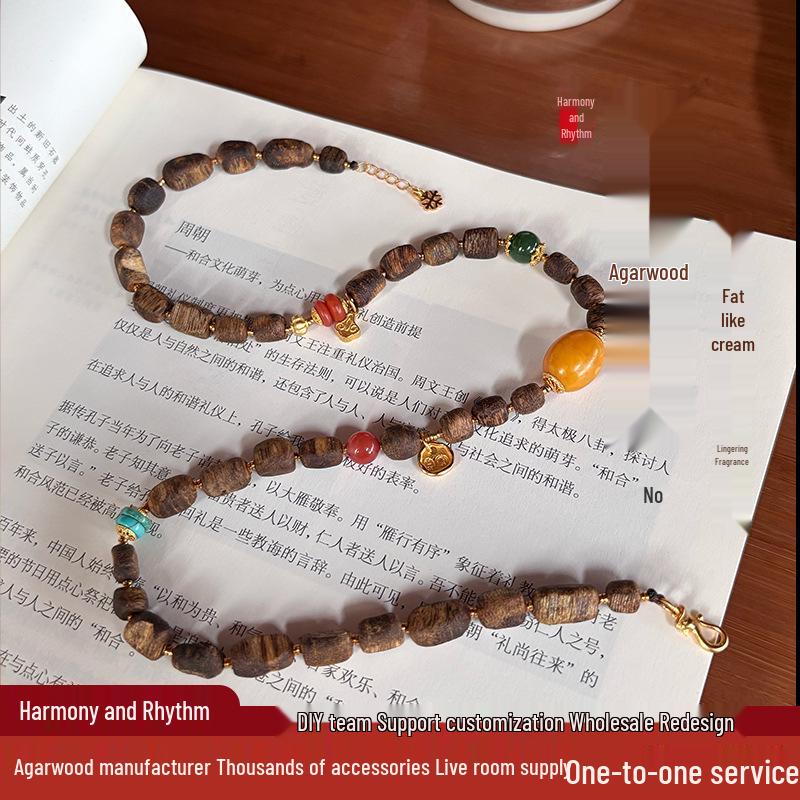 Hainan Yingge Green Qi Agarwood Bracelet, 8x9mm Irregular Beads, New Chinese Multi-Wear Style