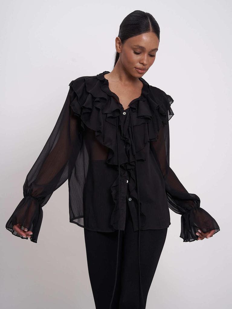 Стильная европейская и американская блузка с завязками, пышными рукавами и оборками, V-образным вырезом - однотонный женский весенний топ