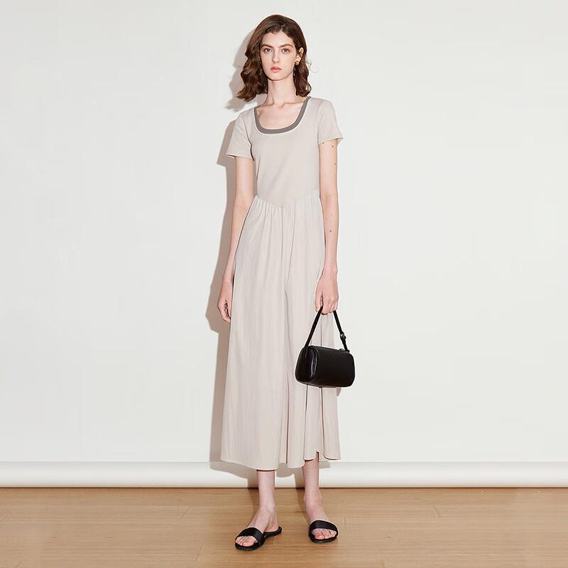 Платье миди А-силуэта с короткими рукавами и U-образным вырезом, двухцветное, имитация двух частей