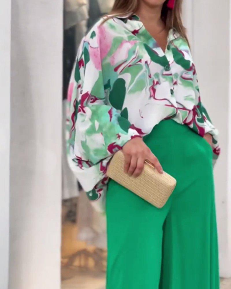 2024 Women's Plus Size Fashion: Lapel Shirt & High-Waist Wide-Leg Pants Set