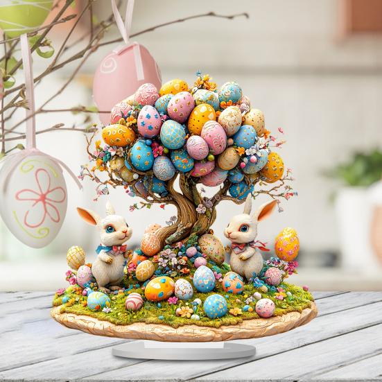 Easter Bunny Acrylic Ornament 2D Flat Print Colorful Eggs Tree Rabbit Ornament Desktop Decoration Easter Eggs Sign for Home Mantel Dinning Table Decor