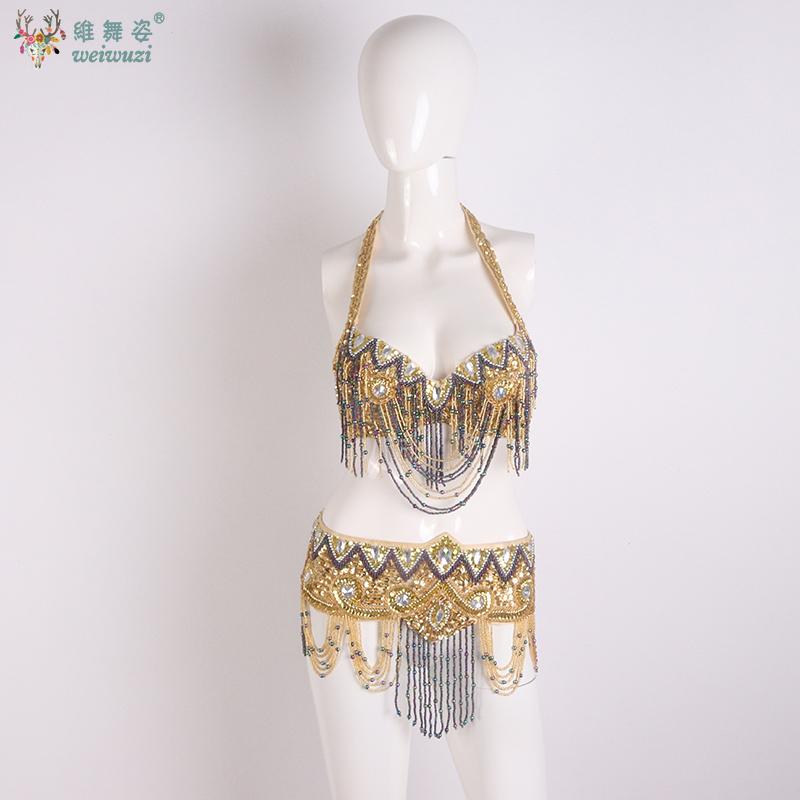 Sexy Girl Belly Dance Costume Wear Beaded Sequins Bar+Belt 2pc Set Ladies Bellydancing Costumes Bellydance Clothes