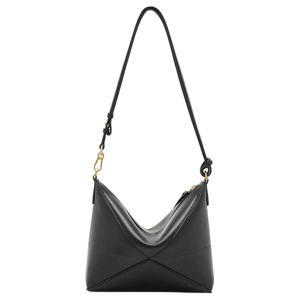Loewe Fold Detachable Adjustable Shoulder Strap Zipper Closure Leather Crossbody Tote Bag Women Handbags Black C510PT1X01-1100
