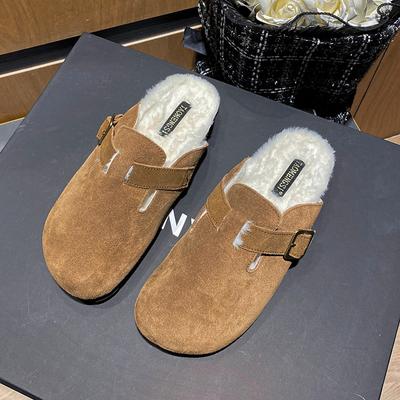 Z312 кожаный бархат круглый носок одинарная обувь сумка голова полубосоножки женские осень и зима пушистая обувь верхняя одежда женская