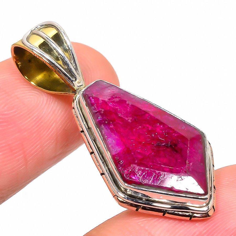 Red Ruby(Simulated) Handmade 925 Sterling Silver Two Tone Pendant 1.50" A3d74