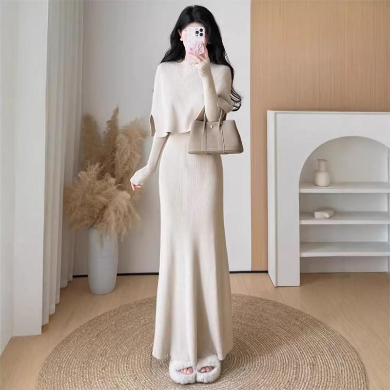 Womens Knit Sweater Midi Skirt Set Winter 2026 Elegant Office Wear Casual Outfit In Beige Black