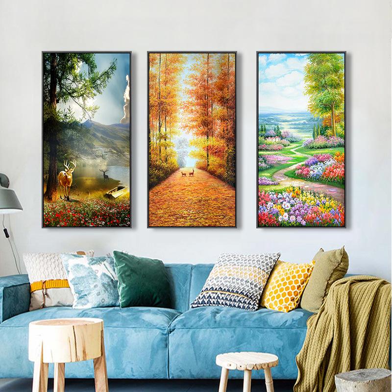 Abstract Forest Flower Canvas Painting Wall Art Deer Golden Road Posters and Prints for Porch Decoration Living Room Home Decor