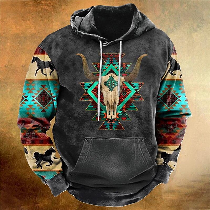 Мужская толстовка с капюшоном Western Cowboy Hooded Sweatshirt North America Demon Wendigo Printed Oversize Harajuku Clothes Vintage Streetwear