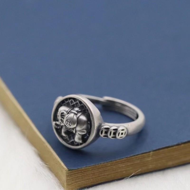 Adjustable Open Ring Women Men Vintage Elephant Coin Motif Geometric Hollow Plated Finger