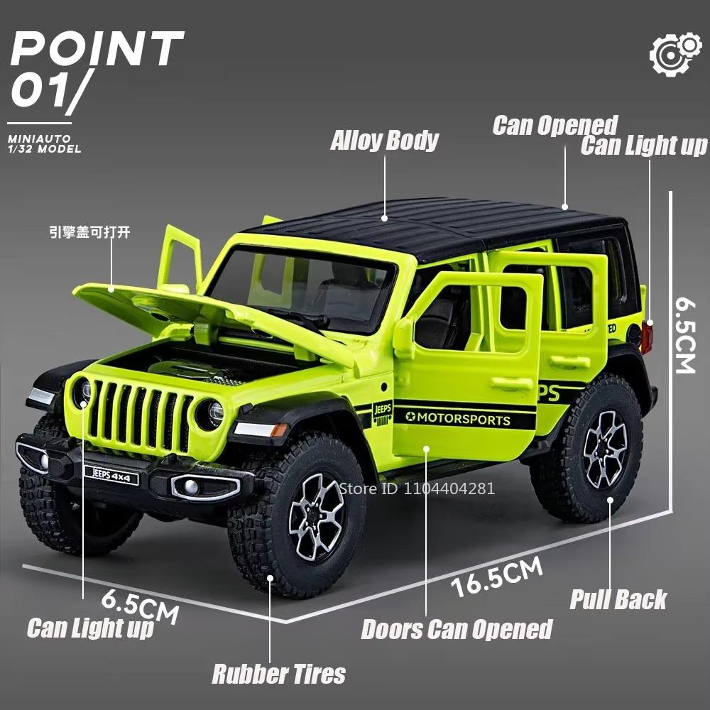 1:32 Модель Wrangler Rubicon Игрушечная литая машина из сплава Открывающиеся двери Звук Свет Инерционная Миниатюрный внедорожник Детский праздничный подарок