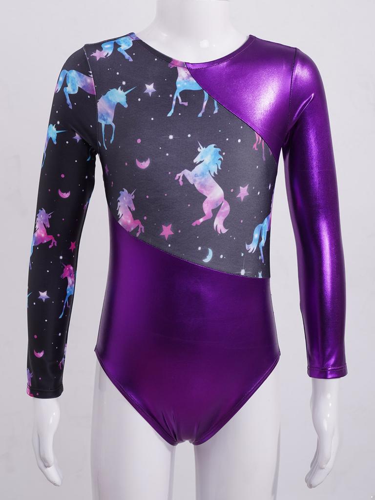 Gymnastics Leotards for Girls Sparkly Dancewear Long Sleeves Printed Jumpsuit Yoga Ballet Dance Clothes