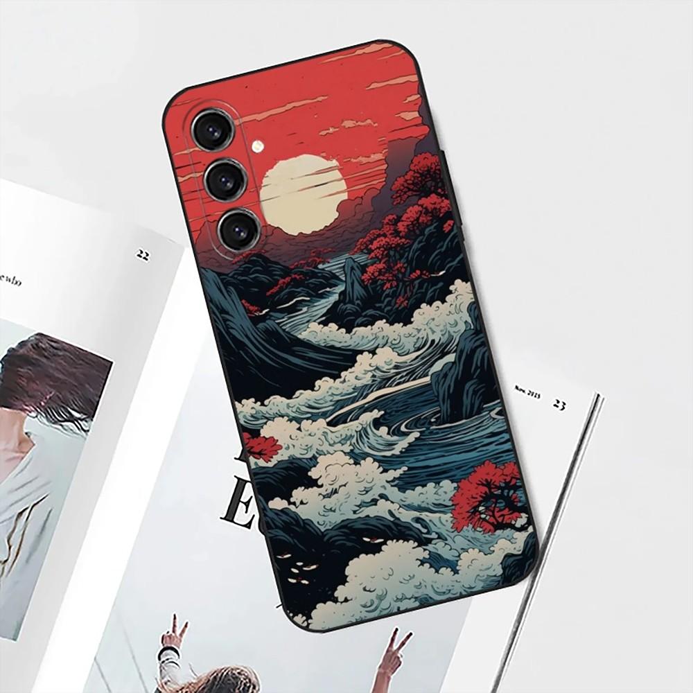 Чехол для телефона Ukiyo Океанские волны Для Samsung S25, S24, S21, S22, S23, S30, Ultra, S20, Plus, Fe, Lite, Note, 10 Черный Мягкий