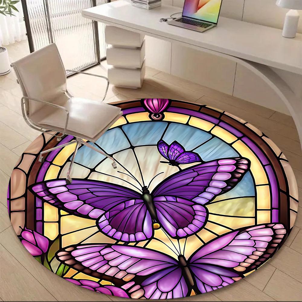 1pc Butterfly StainedGlass Office Round Area Rug, Mat Suitable ForOffice, Under Office Chairs Bedroom Living Room Home Decor, Room Deco