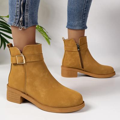 Коричневые ботильоны из искусственной замши для женщин, модные ботинки в стиле вестерн с пряжкой на низком каблуке, женские короткие ботинки с молнией сбоку и толстым каблуком, женские