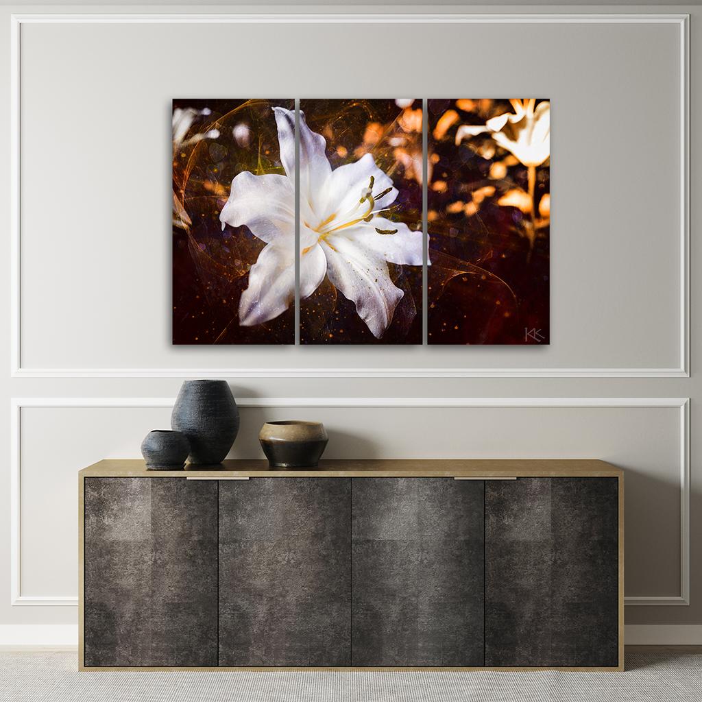 Three Piece Picture Canvas Print White Lily On Brown Background