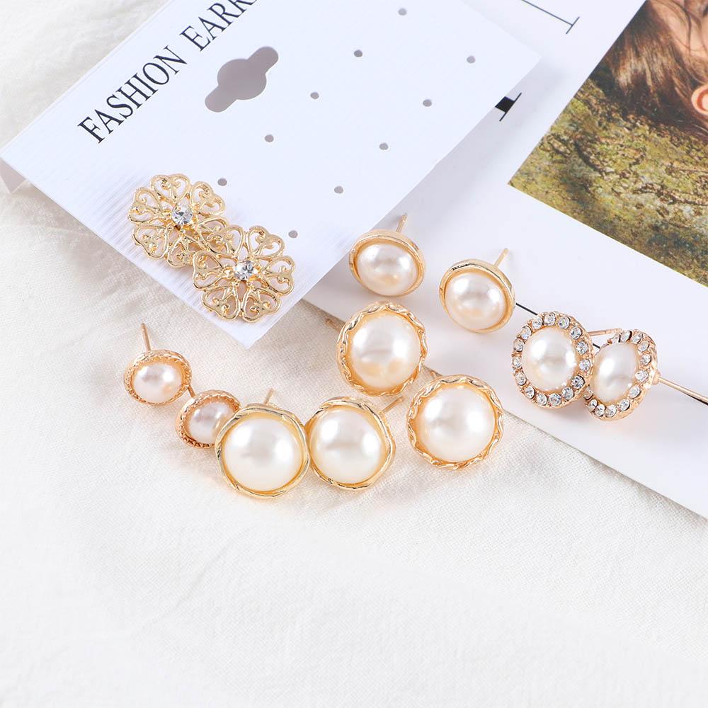 6 Pair/Lot For Women Round Simulated Pearl Flower Stud Earrings Earring Sets Accessories Jewelry