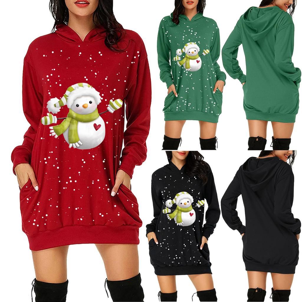 Women's Fashion Christmas Snowman Hoodie Bag Hip Pocket Print Hoodie Dress