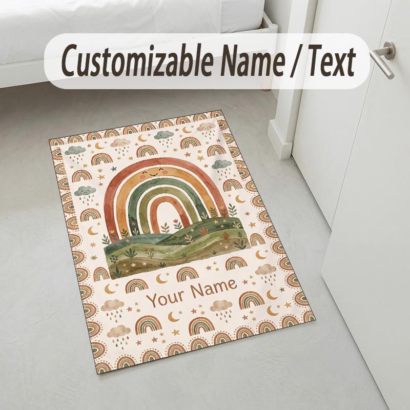 Rainbow Dreams Theme Soft Crystal Velvet Rug Custom Name & Text Print Non Slip Floor Rug for Bedroom Living Room