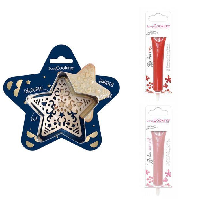 Kit pour biscuit en relief Étoile + 2 Stylos au chocolat rouge et rose pastel
