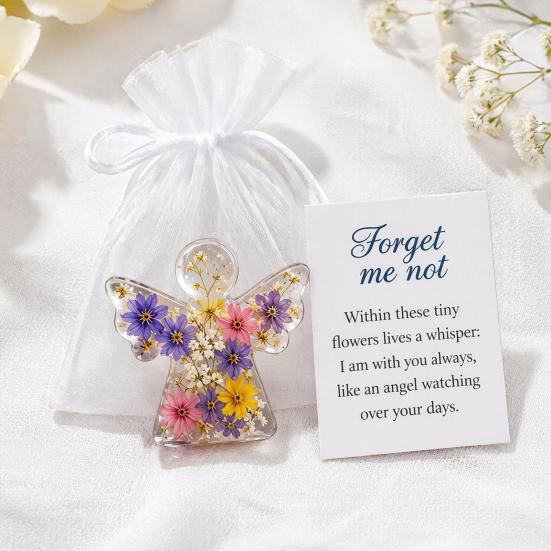 Handmade Floral Angel Ornament Forget Me Not Dried Flower Keepsake, Mini Acrylic Pocket Hug Figurine, Forget-me-not Memory Token Memorial Comfort