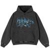 Streetwear Retro Blue Flame Graphic Washed Black Oversized Unisex Y2K Hoodie