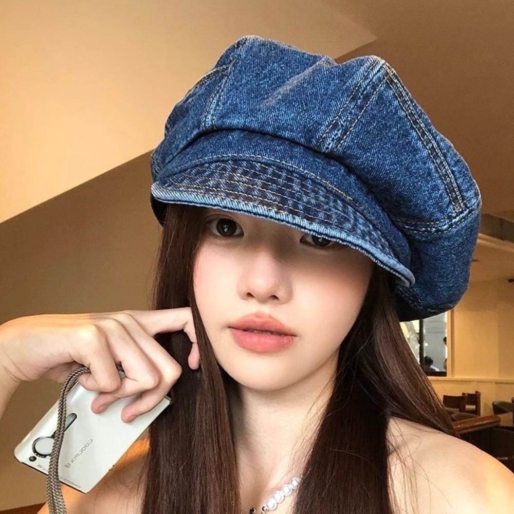 Newsboy Octagonal Cap Vintage Peaked Hat Korean Washed Denim Beret  Outdoor
