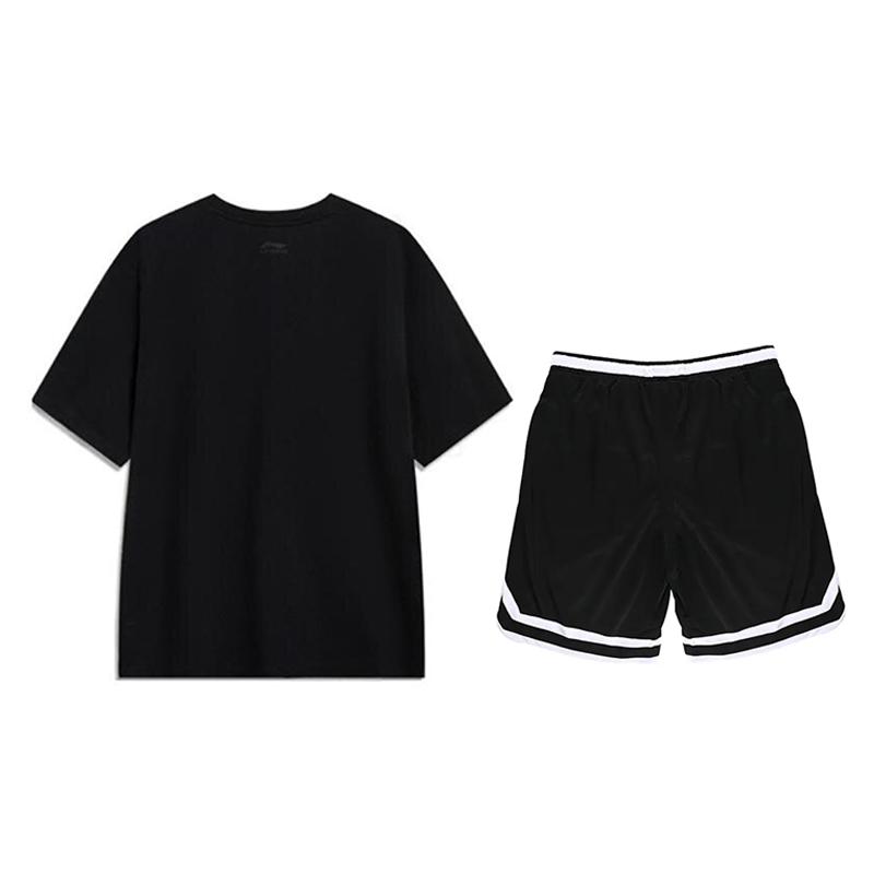 Футболка с круглым вырезом и короткими рукавами с принтом логотипа Li Ning, соревновательные полосатые удобные шорты, повседневный спортивный костюм, спортивный костюм унисекс YHSV373-2+YAPV001-1