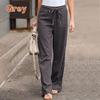 Women Polyester Cotton Pants Autumn Casual Solid Elastic Waist Straight Trousers Loose Long Pants Wide Leg Trousers