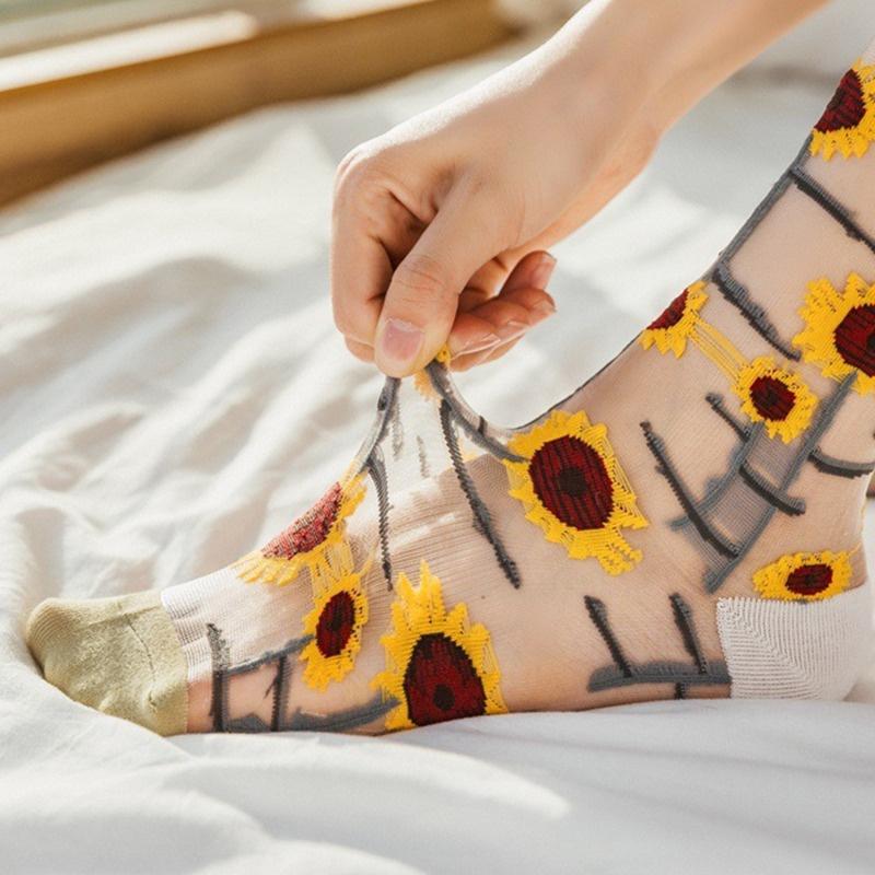 1 пара ультратонких прозрачных шелковых носков с хрустальным стеклом, женские креативные носки в стиле Харадзюку с цветочным рисунком котенка, мягкие эластичные кружевные прозрачные носки для девочек