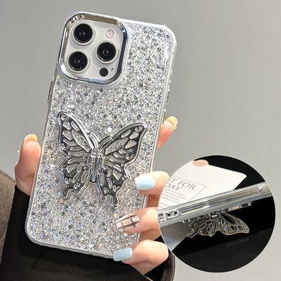 Блестящий чехол-держатель для телефона с бабочкой для IPhone 15 14 13 12 Pro Max 11, гальванический блестящий противоударный чехол-бампер