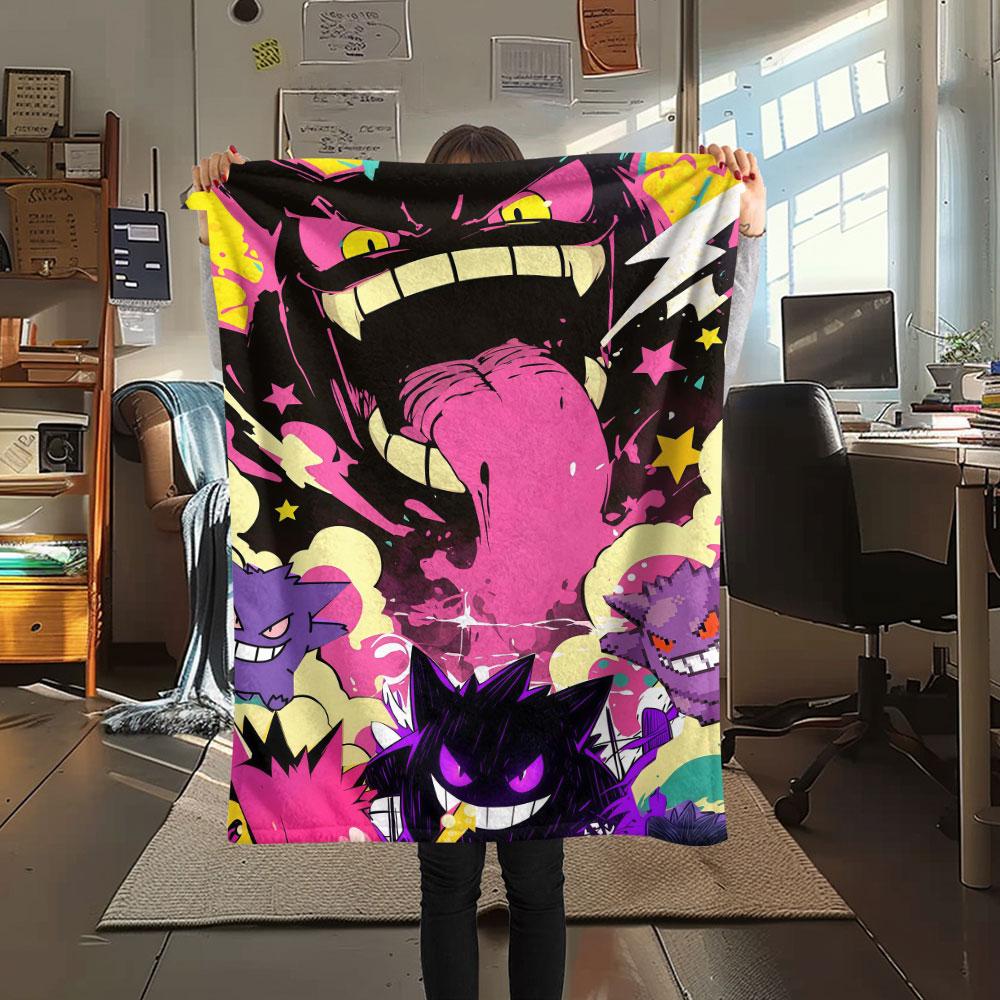 1Pc Gengar Print Flannel Blanket, High quality Comfortable for All Seasons, Home Decor, Warmth and Comfort, Perfect for Christmas Gifts