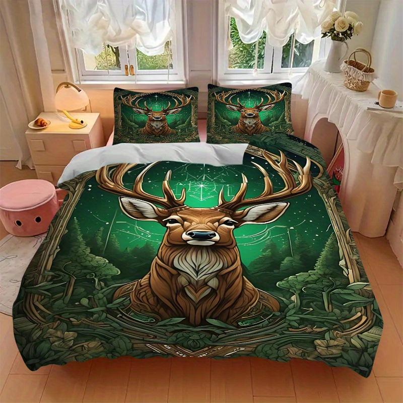 3pcs Deer Forest Soft Comfortable Bedding set, For Bedroom, Guest Room And Dorm, All - Season Use, High-Definition Printing196