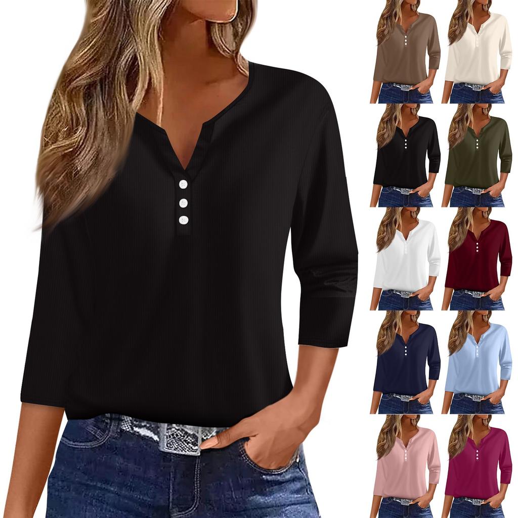 Women's T Shirt Tee Print Button 3/4 Sleeve Tunic Daily Weekend Fashion Basic V- Neck Regular Top
