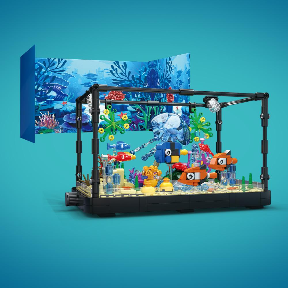 Fish Tank Building Kit with Lights MOC Marine Aquarium Marine Animal Building Blocks Toys for Kids 6+ Bricks Toys Gifts