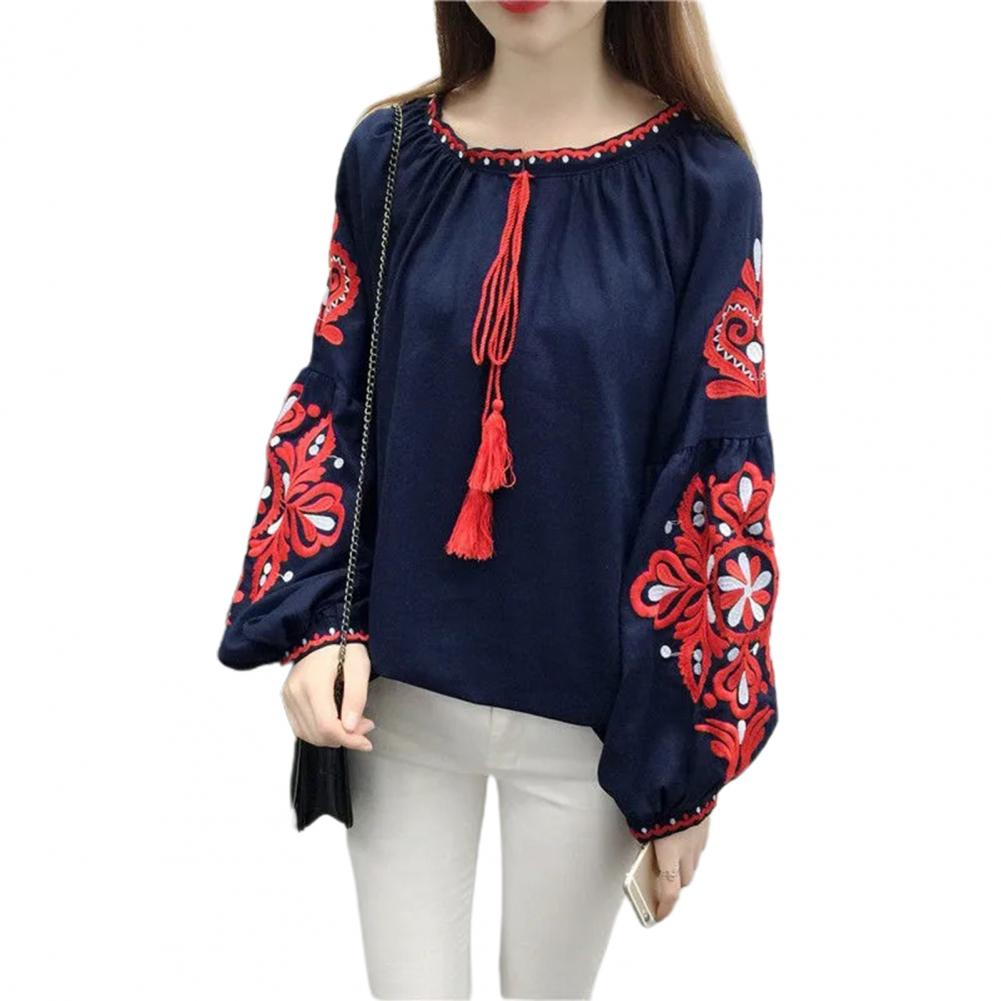 Summer Shirt Women Ethnic Style Embroidered Pattern Pullover Tops Round Neck Lantern Sleeve Loose Fit Blouse