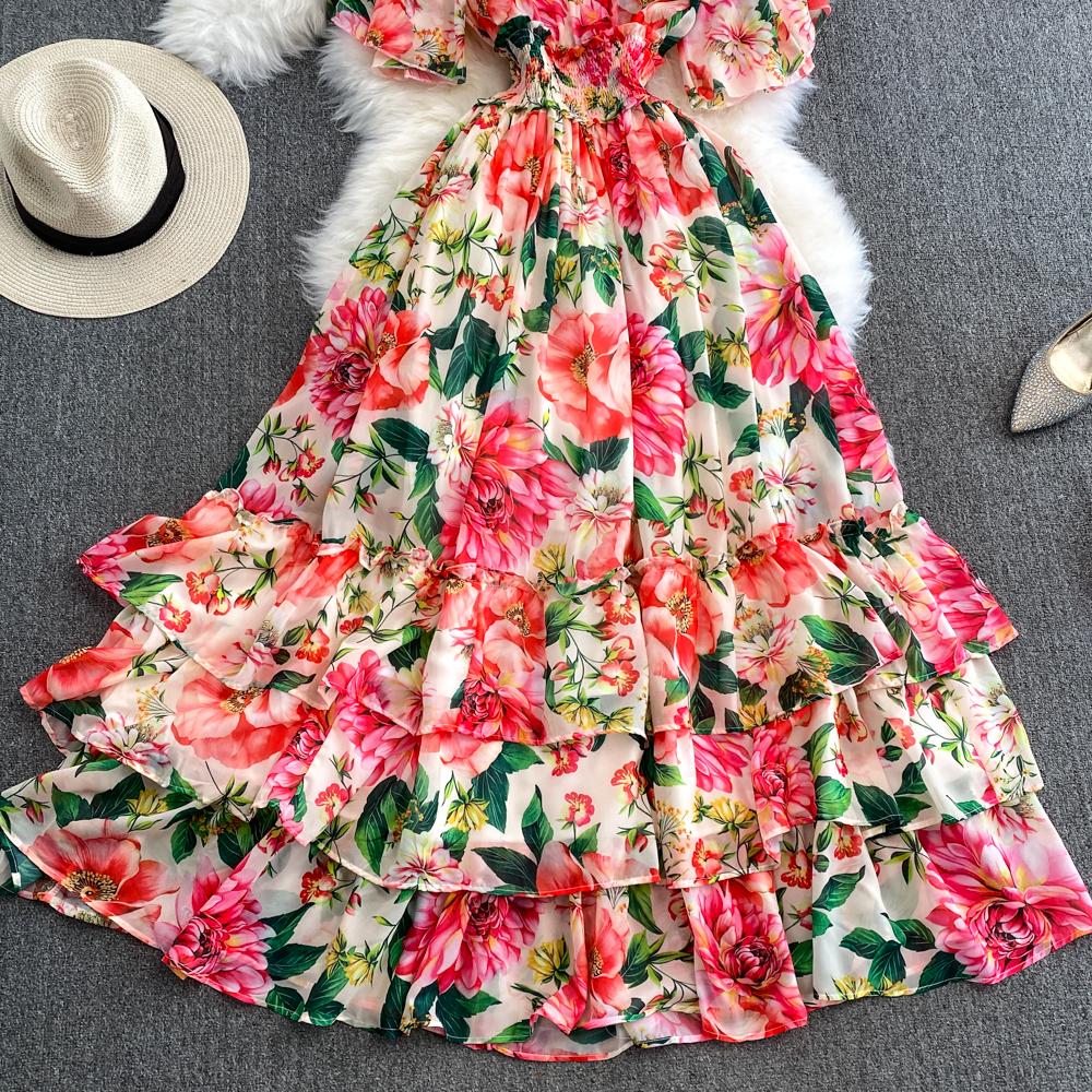 Милое шифоновое платье в стиле отпуска с V-образным вырезом и короткими рукавами, лето 2024, многоуровневые длинные платья с оборками по краям