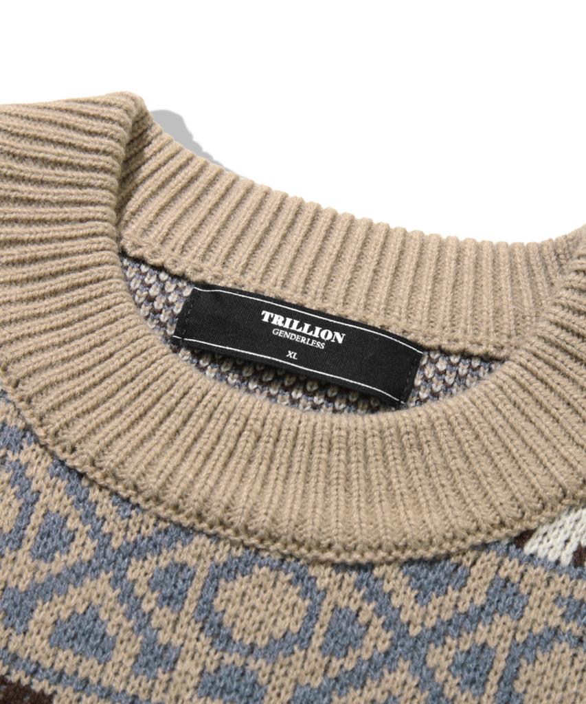 TRILLION Винтажный жаккардовый джемпер Fair Isle с круглым вырезом_Бежевый
