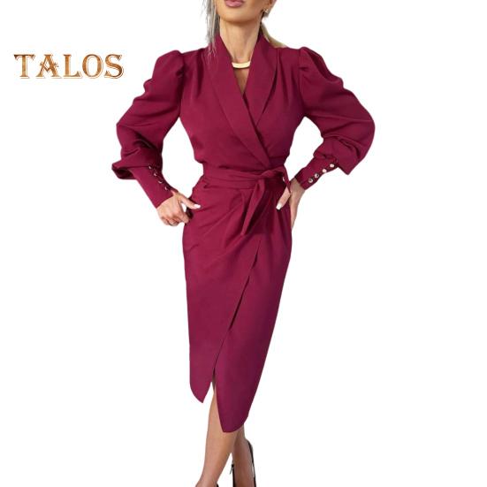 Женское вечернее платье в деловом стиле с отложным воротником, длинным рукавом, однотонное, облегающее, со шнуровкой и перекрестными бретелями, весеннее платье-миди, OL, летнее платье для поездок на работу