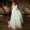 Vintage Satin Lace Wedding Dresses Long Sleeve V-neck Backless Bridal Gowns White Open Back Long