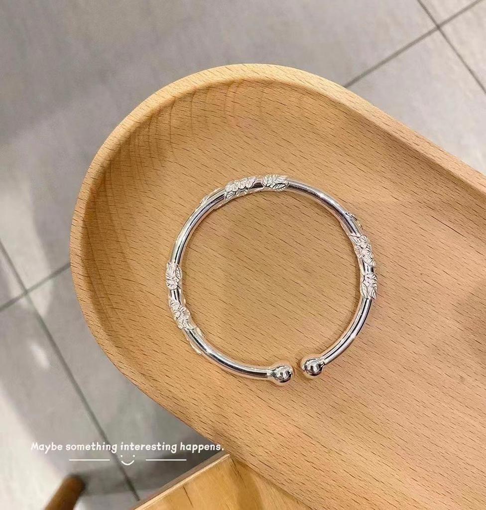 White Copper-Plated Silver Floral Bracelet: Women's Luxury Embossed Filigree with Double Beads