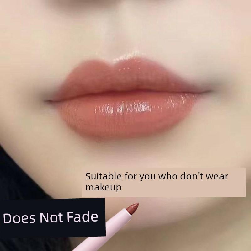Double-Ended Lip Liner and Brush in Cinnamon Color, Waterproof and Long-Lasting, Two-In-One Lipstick in Nude Coffee Milk Tea Color