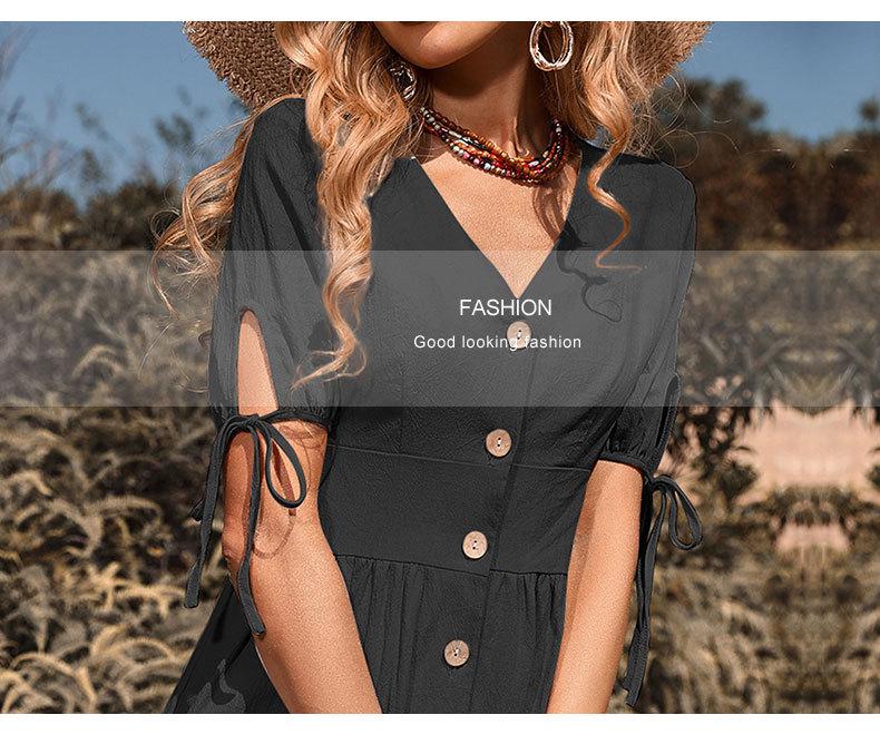 Платье миди в европейском и американском стиле с V-образным вырезом, однотонное, летняя, с коротким рукавом, женская одежда