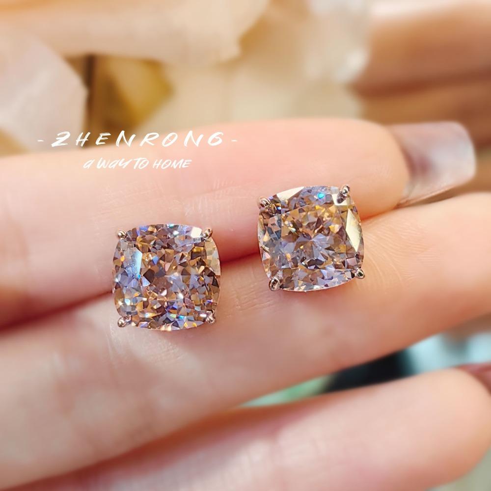 Fashion Princess Square Cut Earrings High Carbon Diamond Pink Yellow Gemstone Jewelry for Women