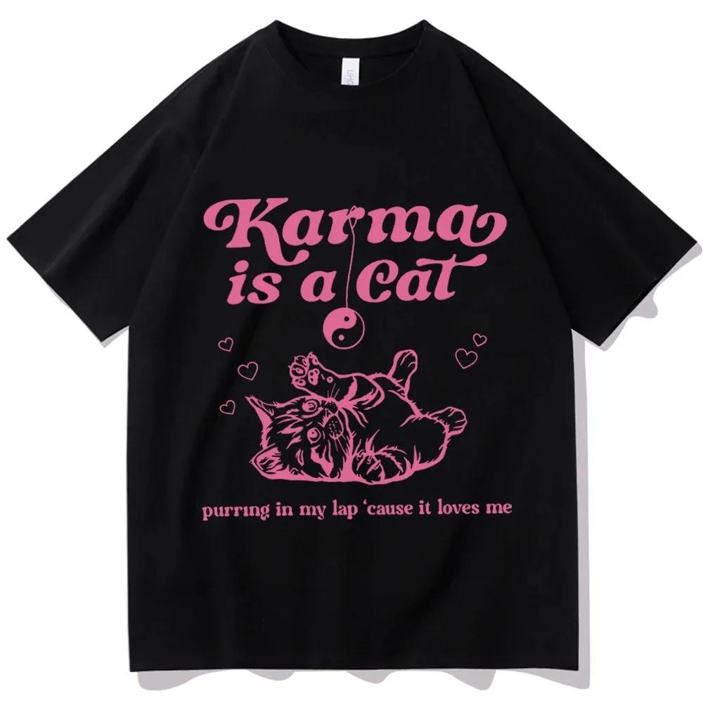 Футболка Karma Is A Cat Мужская футболка Taylor Music Футболка с изображением кошки Топы Taylor Merch Music Tour 2024 Swift Футболки с коротким рукавом и круглым вырезом Футболки